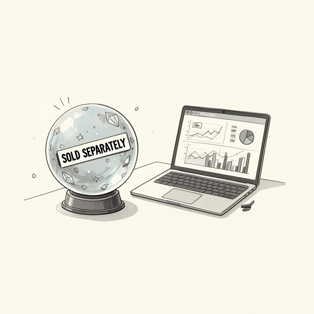 Crystal ball with a Sold Separately sticker next to a laptop showing charts